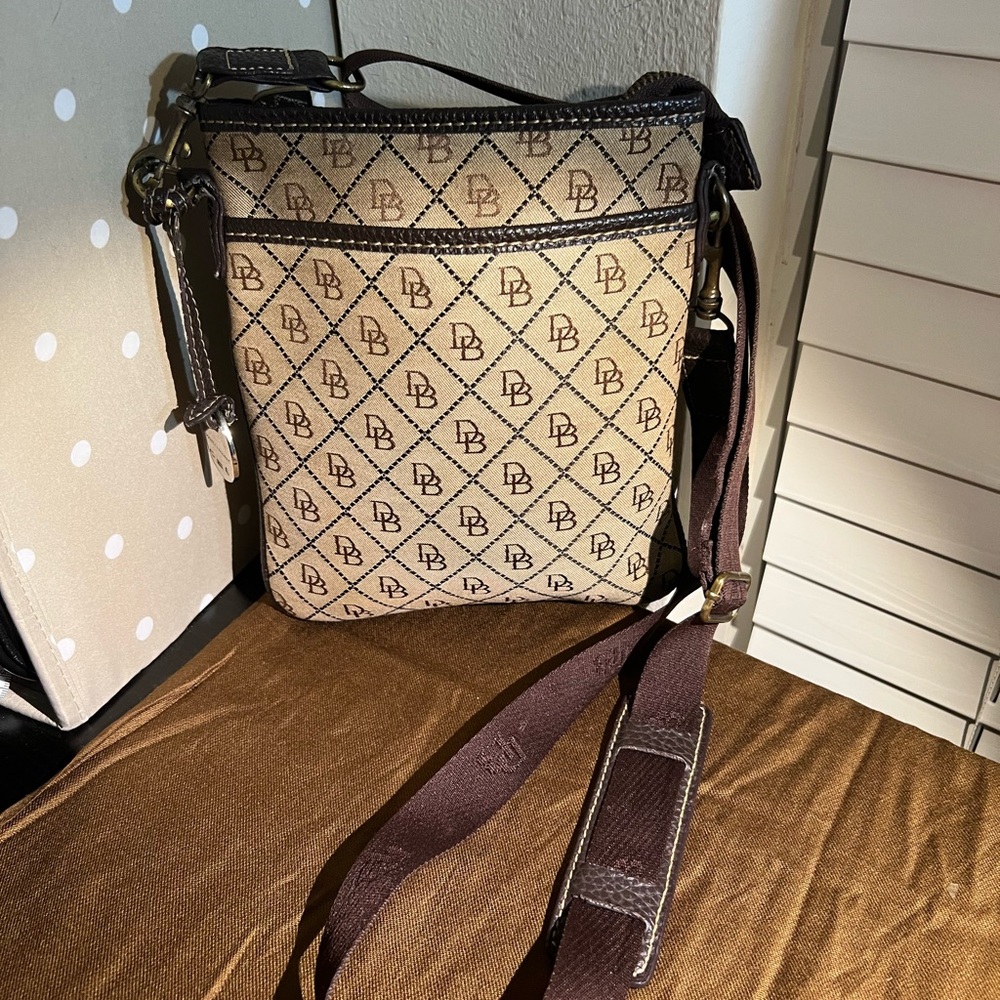 Dooney & Burke Brown Canvas Crossbody w/ leather accents bag. Extra long strap.
